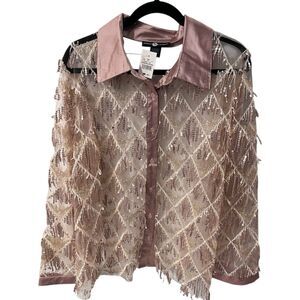 Ashley Stewart Sequin Fringe Blouse Womens Plus 18/20 Button Front Sheer Tan New